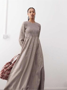 ASOS Taupe Maxi Smock Dress in Multi Plaid